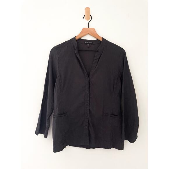 Eileen Fisher Linen Blend Button Up Top Medium Black Shacket Lightweight - Picture 1 of 6